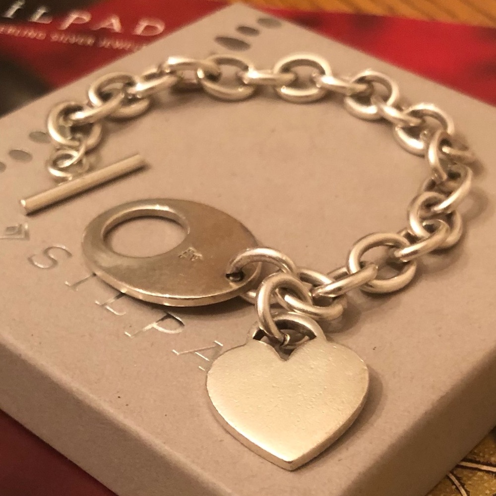 Vintage Silpada Sterling Silver Heart Charm Link Toggle Clasp Bracelet B0779